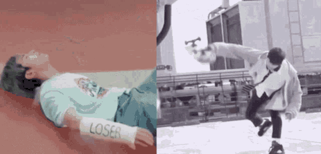 a man is laying on the ground with a wristband that says `` loser '' and another man is jumping in the air .