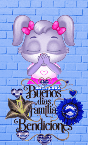 a cartoon of a rabbit with a heart in its mouth and the words buenos dias familia bendiciones