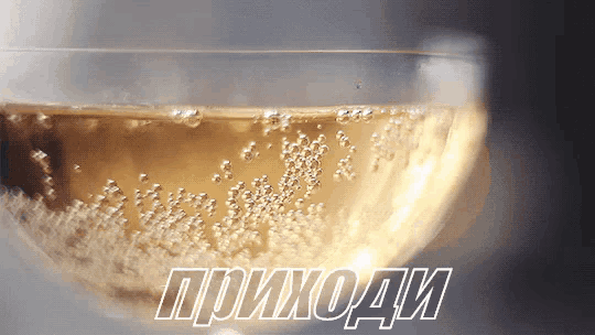 a close up of a glass of champagne with the word " приходи " written in white