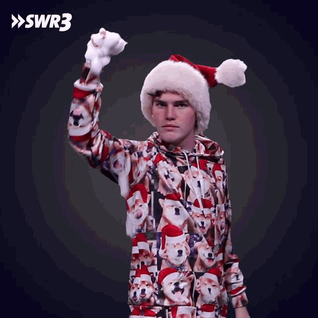 a man wearing a santa hat and a sweatshirt with dogs on it holds up his fist