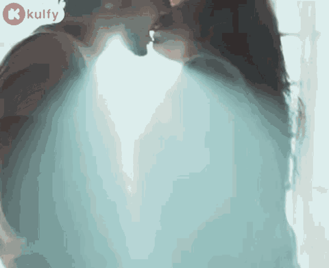 a man and woman are kissing in front of a window in a room .
