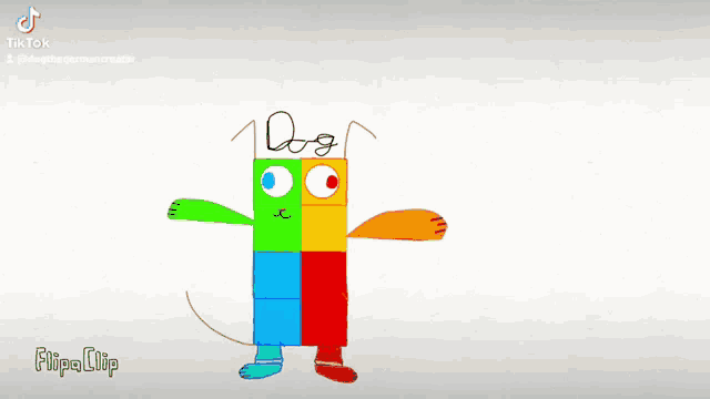 a drawing of a dog made out of colorful blocks with a tail .