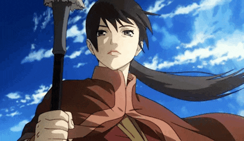 a woman in a red cape is holding a sword in front of a blue sky with clouds