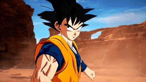 a cartoon character named goku stands in front of a desert landscape