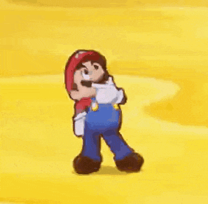 mario is standing on a yellow surface in a video game and scratching his head .