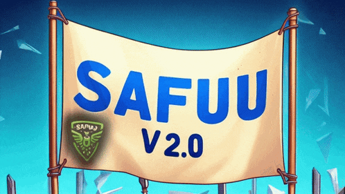a sign that says safuu v2.0 hangs from a wooden pole