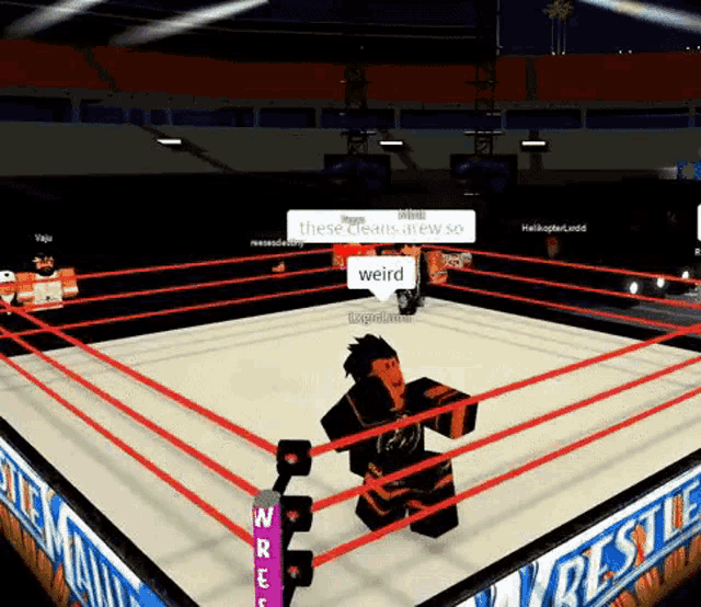 a person is standing in a wrestling ring in a video game and says `` weird '' .