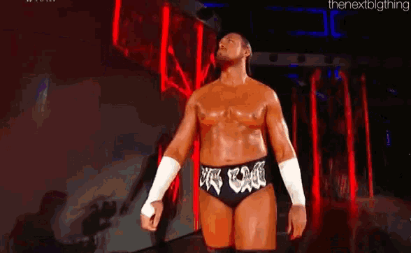 a man in a wrestling outfit is standing in front of a crowd in a dark room .