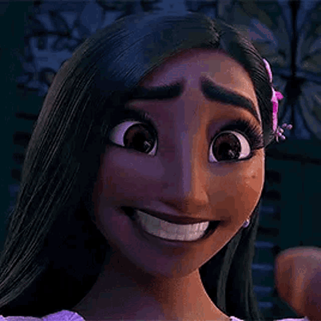 a close up of a cartoon character smiling with her eyes closed .