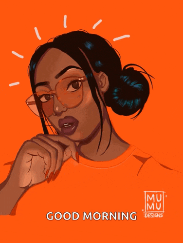 a drawing of a woman with glasses and the words good morning written below her