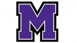 a purple letter m with a black outline and a white outline on a white background .