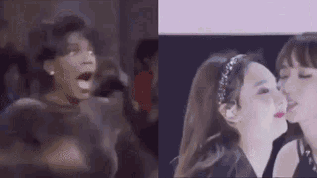 a woman is screaming and a woman is kissing another woman .