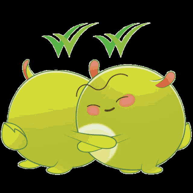 a cartoon illustration of two green animals with a check mark above them