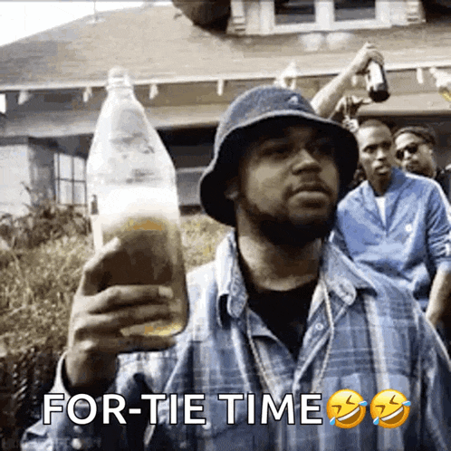 a man in a hat is holding a bottle of beer and the words for tie time are above him