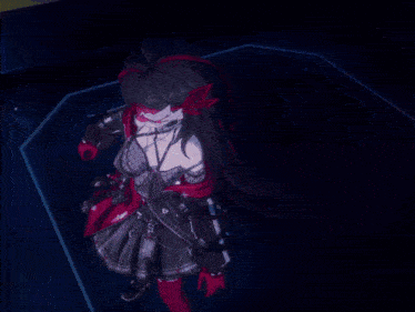 a group of people are standing in a dark room and one of them has a umbrella emblem on her back