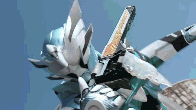 a robot is holding a sword in its hand