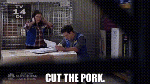 a man sits at a desk with the words cut the pork written on the bottom