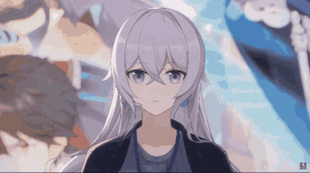 a girl with white hair and blue eyes is wearing a jacket