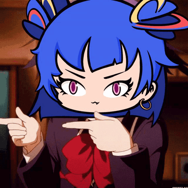 a cartoon girl with blue hair and purple eyes is pointing her finger