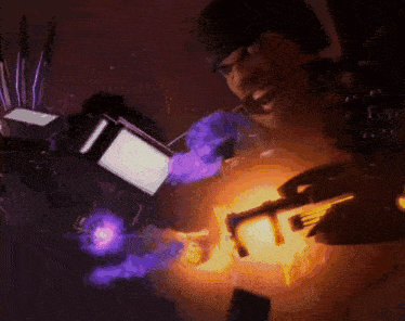 a man is holding a gun in front of a purple and orange explosion