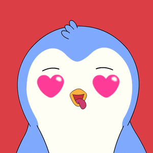 a blue and white penguin with pink heart shaped eyes sticking its tongue out
