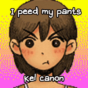 a cartoon of a girl with the words i peed my pants kel canon written on it