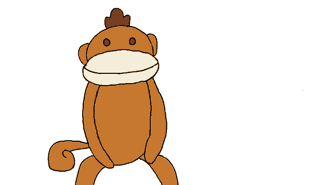 a drawing of a sock monkey with a red feather on its head