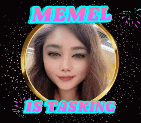 a picture of a woman with the words memel is tasking behind her