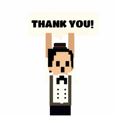 a pixelated man in a tuxedo holds up a thank you sign