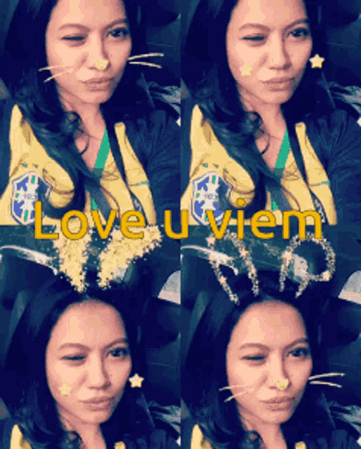 a woman wearing a yellow shirt that says ' love u viem ' on it