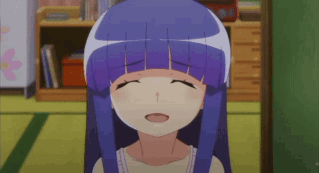 a girl with purple hair is making a sad face with her eyes closed