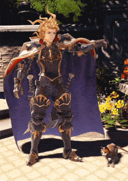 a man in armor stands next to a cat on a sidewalk