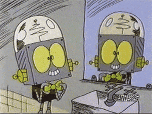 a cartoon of a robot looking at his reflection