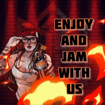 a woman holding a spray can with the words enjoy and jam with us below her