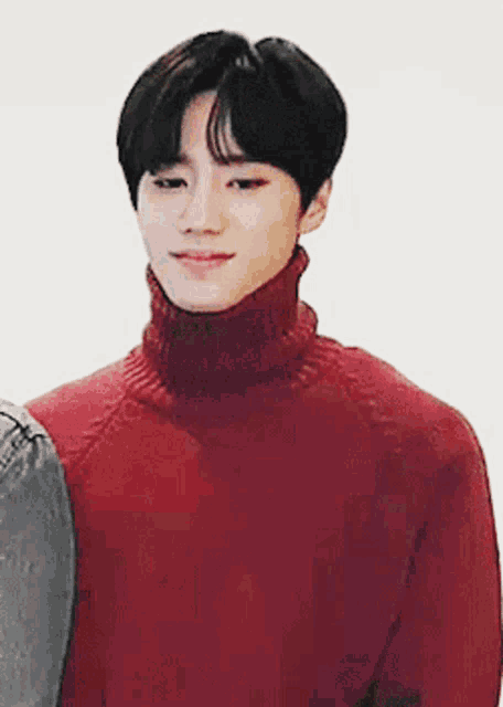 a man wearing a red turtleneck sweater is smiling