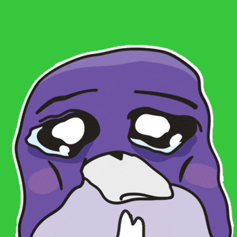 a cartoon drawing of a purple face with tears in its eyes