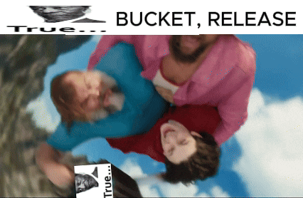 a bucket release ad with a picture of three people hugging each other