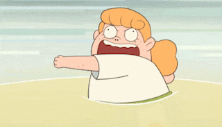a cartoon character with a white shirt and orange hair is making a funny face