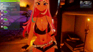 a girl with pink hair is standing in front of a computer screen