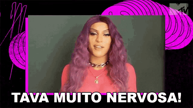 a woman with purple hair is standing in front of a purple background .