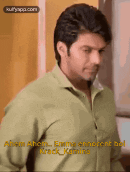 a man in a green shirt is standing next to a window and talking to someone .