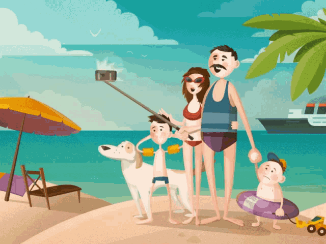 a cartoon drawing of a family taking a selfie on the beach