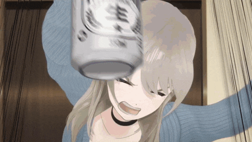 a girl in a blue sweater is holding a can of beer