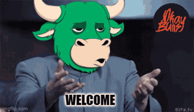 a cartoon of a green bull with the words welcome written on it