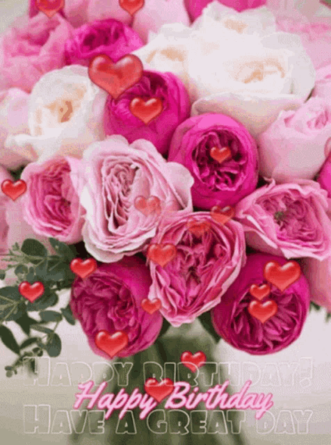 a birthday card with a bouquet of pink and white roses and hearts