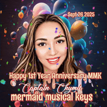 a poster that says happy 1st year anniversary captain thyme mermaid musical keys