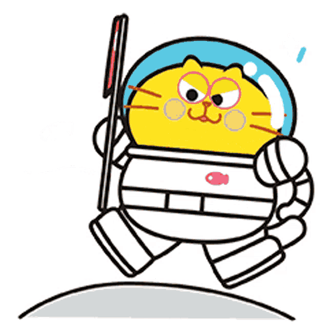 a cartoon cat in a space suit is holding a flag and the word perfect above it .