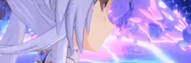 a close up of a cartoon character with long white hair and purple eyes