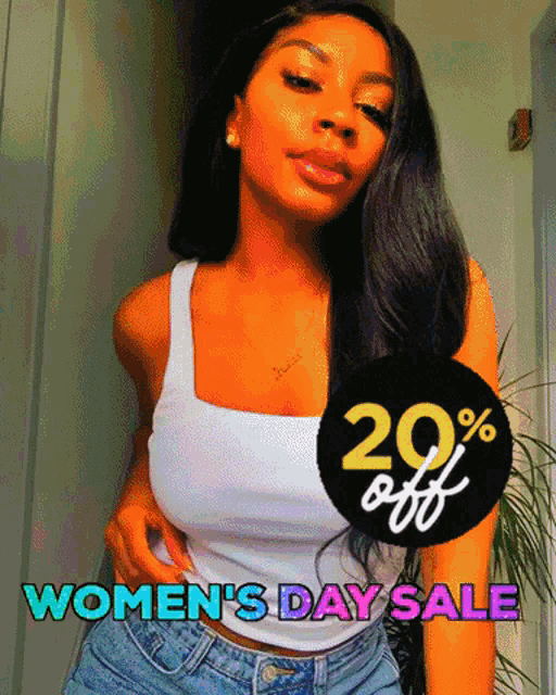 a woman wearing a white tank top and blue shorts stands in front of a sign that says women 's day sale