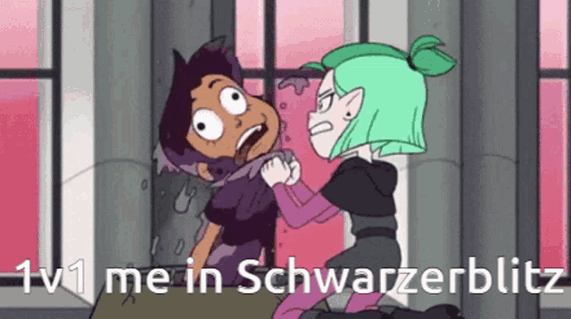 a cartoon of two girls fighting with the words 1v1 me in schwarzerblitz on the bottom